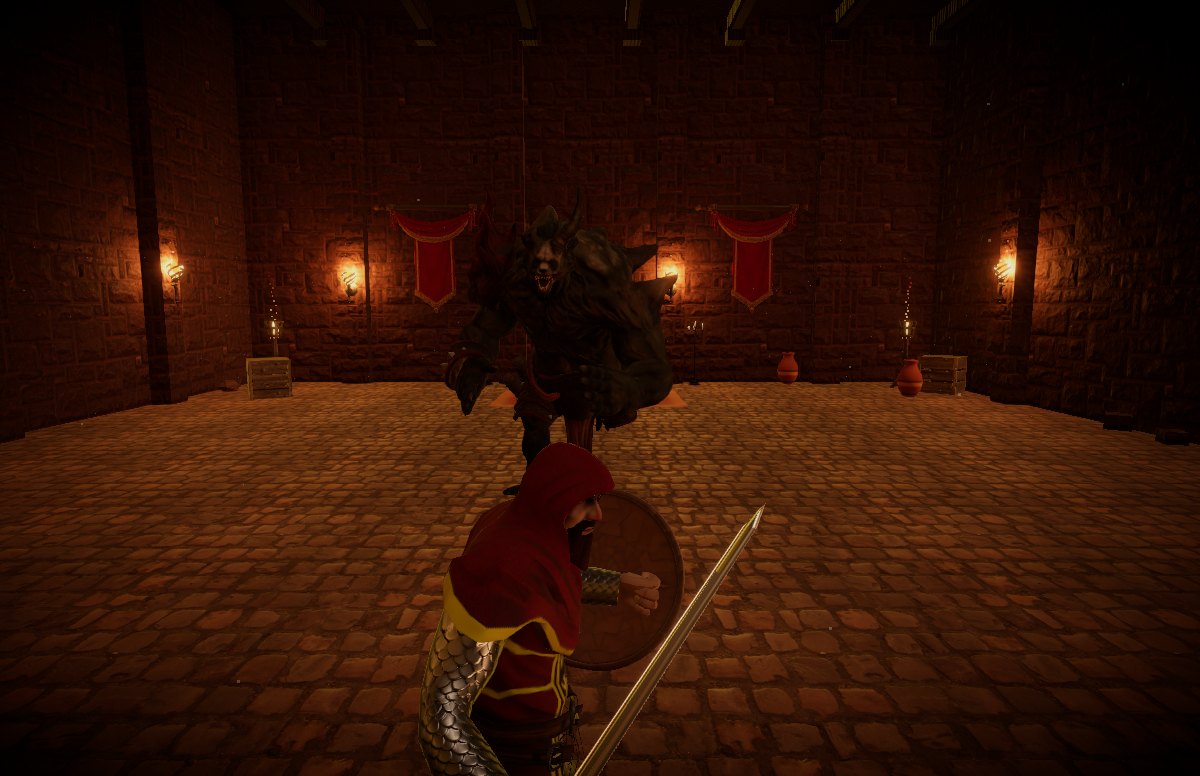 Wardenfall: the Warden, a horned beast, charging across the torch lit arena at a hooded knight