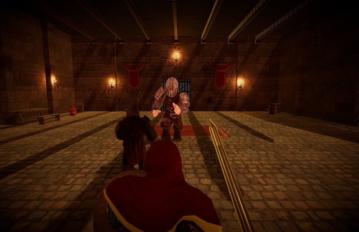 Wardenfall, over a hooded knight's shoulder: two armoured enemies close in across the great hall, one raising a blade