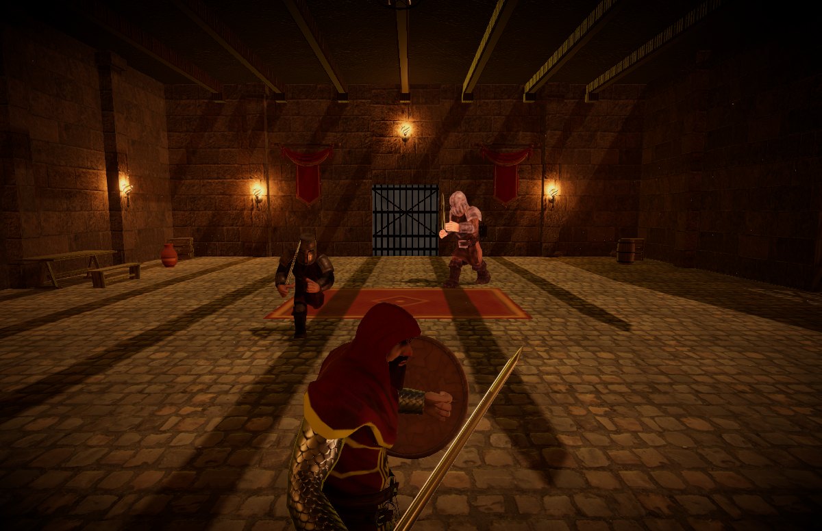 Wardenfall: a hooded knight with sword and shield in a torch lit hall, two armoured enemies by the red carpet ahead and a portcullis behind them